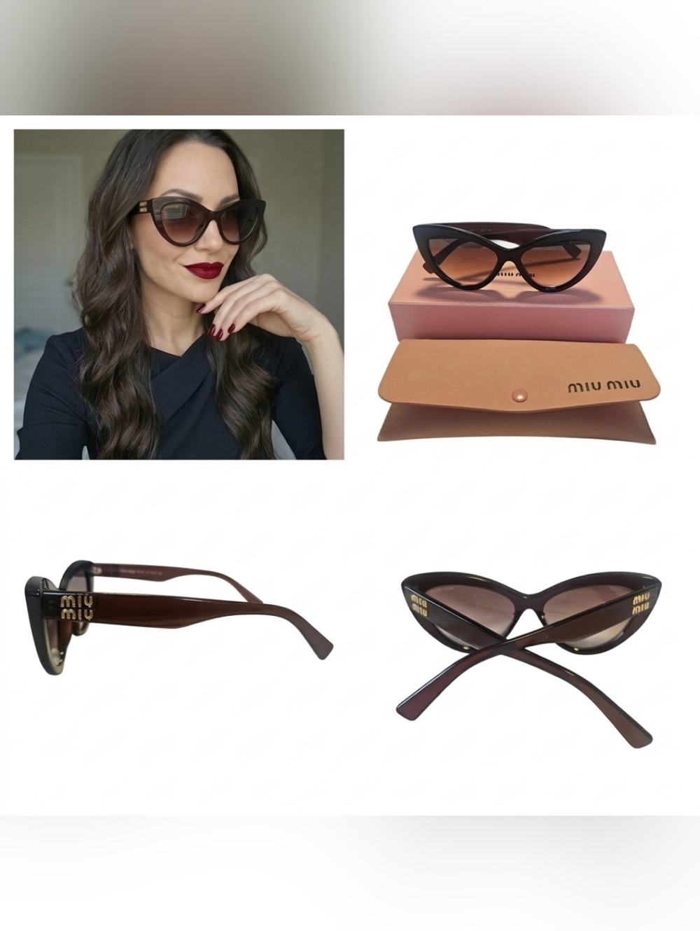🔥NWT‼️✨Miu Miu✨ Bordeaux Brown Cat-Eye Sunglasses with Gold Logo 🕶️